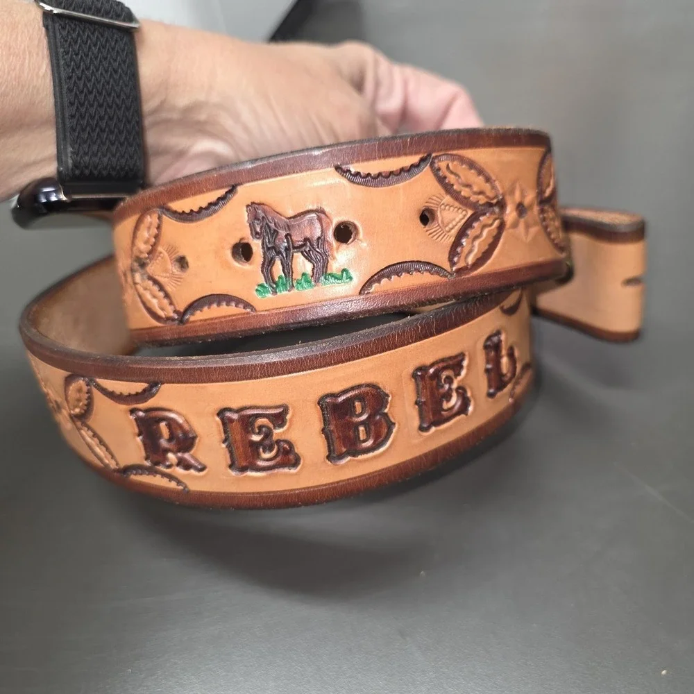 Tooled Leather Horse Rebel Belt Mens 40 Brown Western Cowboy Rodeo Equestrian